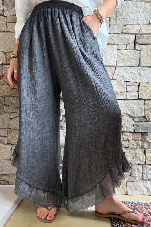 Rustic Nature Bubble Cotton Slant Frill Pant Washed Charcoal